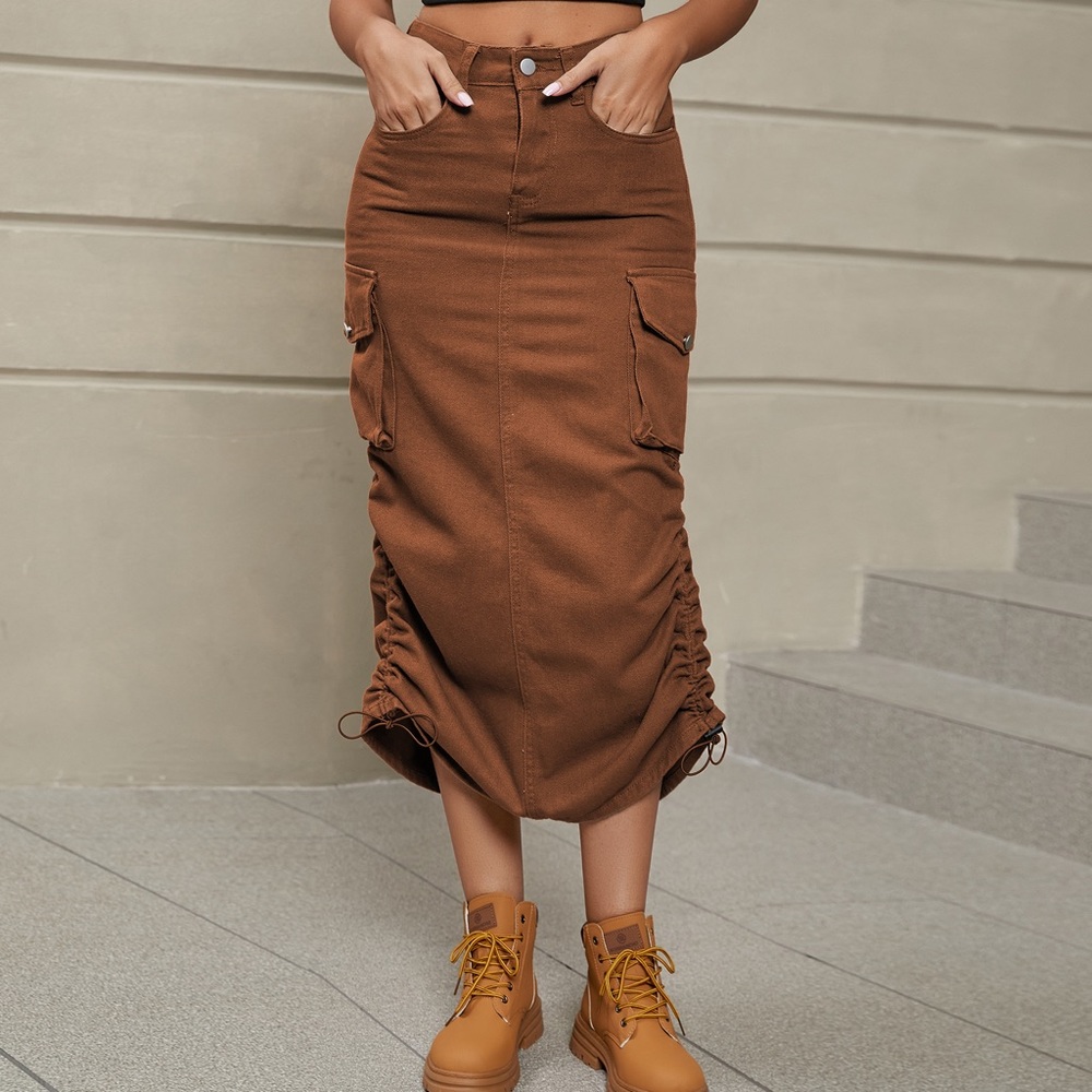 Drawstring Ruched Slit Denim Midi Skirt - Picture 13 of 17